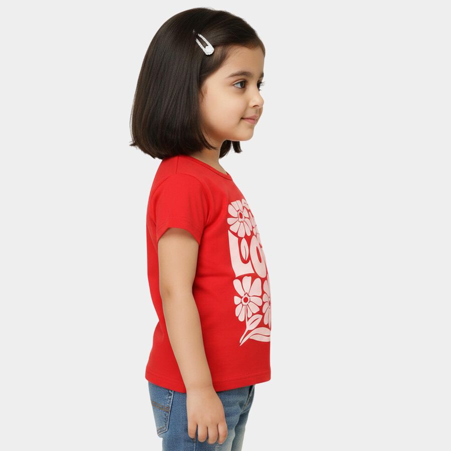 Girls' Red Cotton Blend Round Neck Casual Printed T-Shirt, Red, large