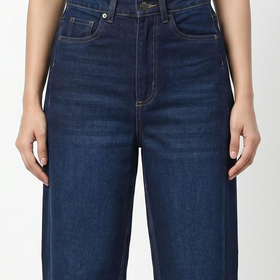 Women's Navy Blue Wide Leg Washed Jeans, Dark Blue, large