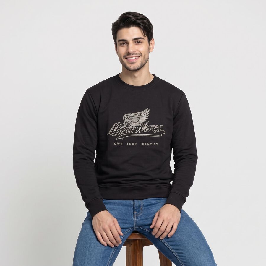 Men's Black Crew Neck Graphic Print Sweatshirt, Black, large