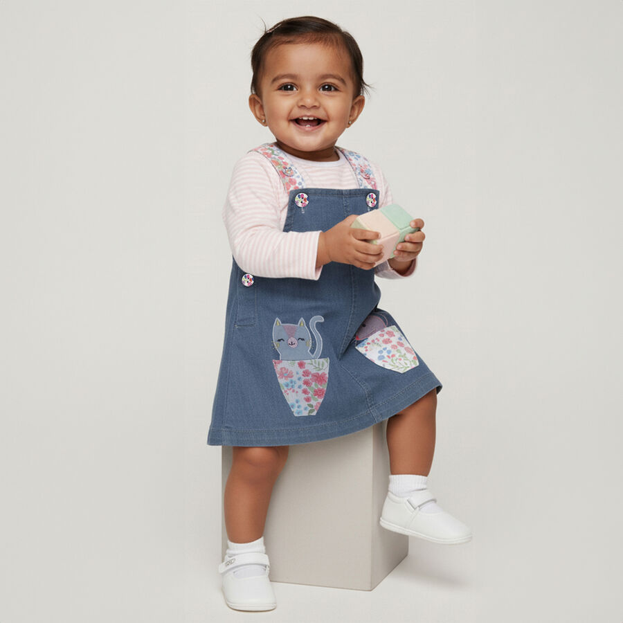 Infants' Muted Denim Blue Floral Strap Casual Frock, हल्का नीला, large image number null