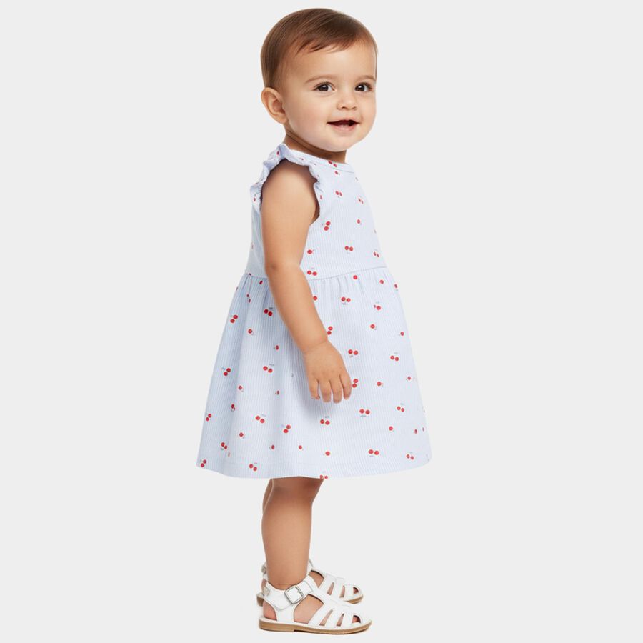 Infants' Blue Regular Fit Cherry Printed Striped Frock, हल्का नीला, large