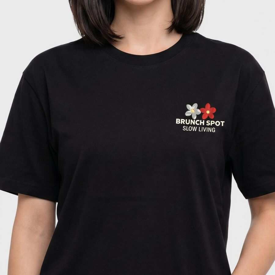 Ladies' Black Cotton Round Neck Regular T-Shirt, काला, large