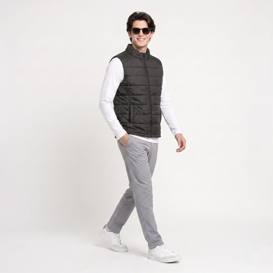 Men's Black Stand Collar Puffer Jacket, Black, large