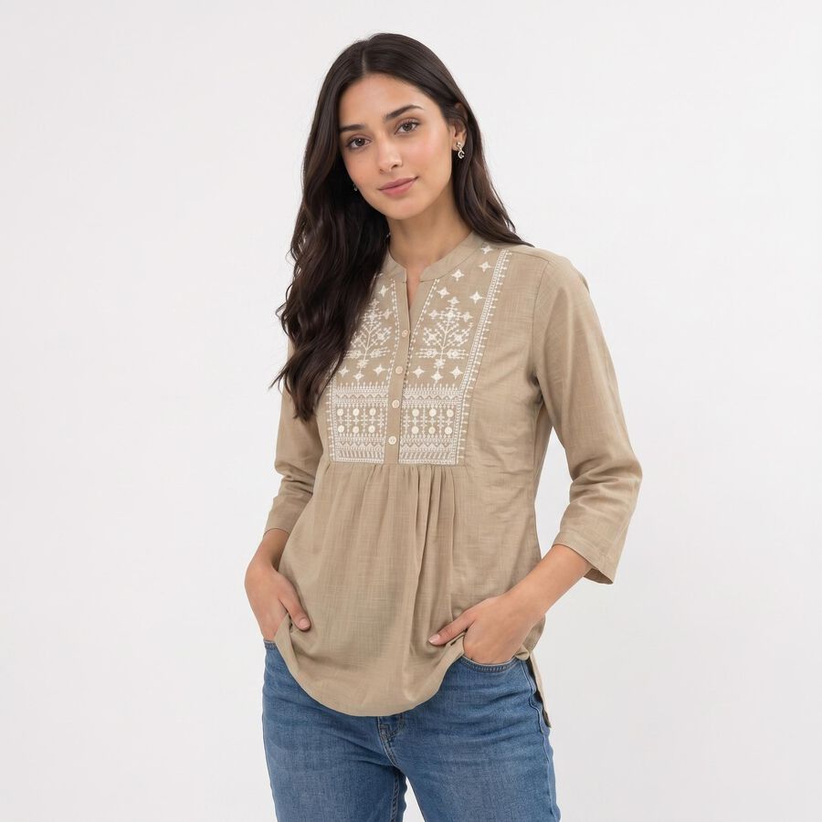 Women's Beige Cotton Mandarin Collar Embroidered Kurti, गहरा पीला, large
