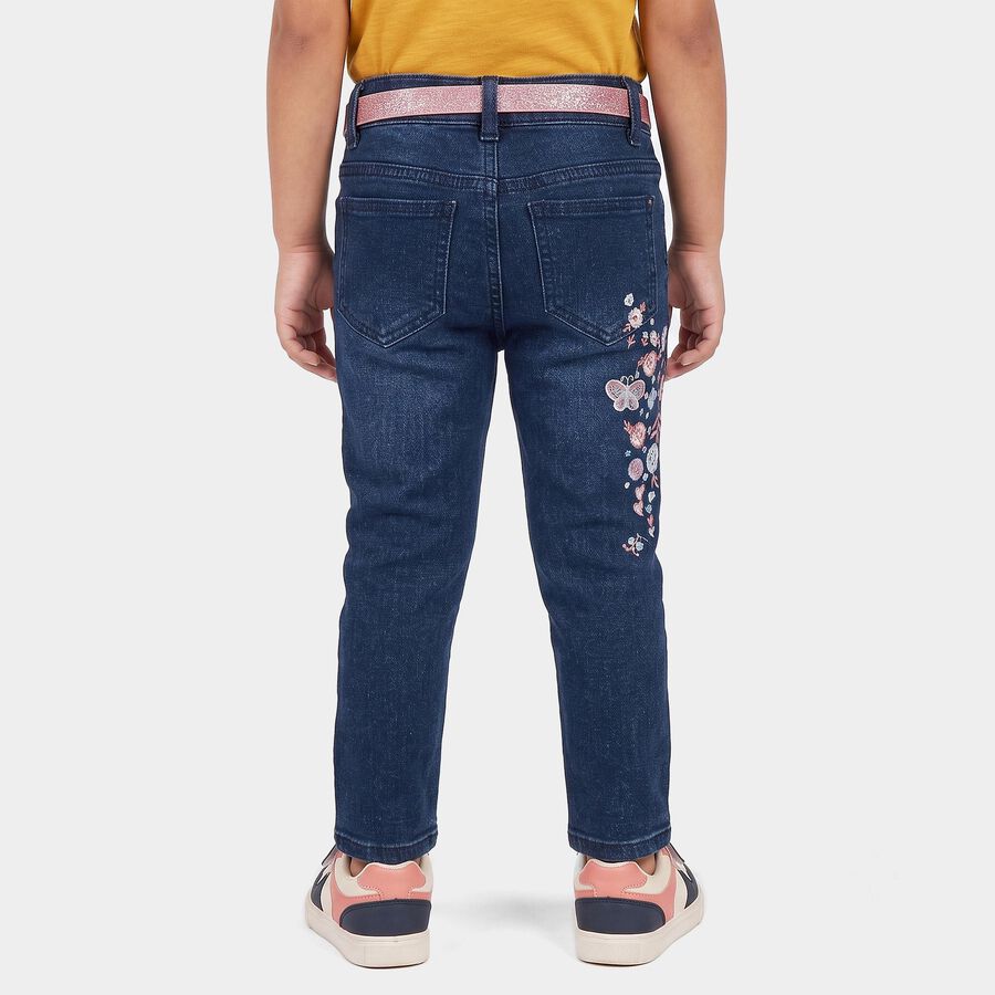 Girls' Navy Blue Slim Fit Embroidered Jeans, गहरा नीला, large