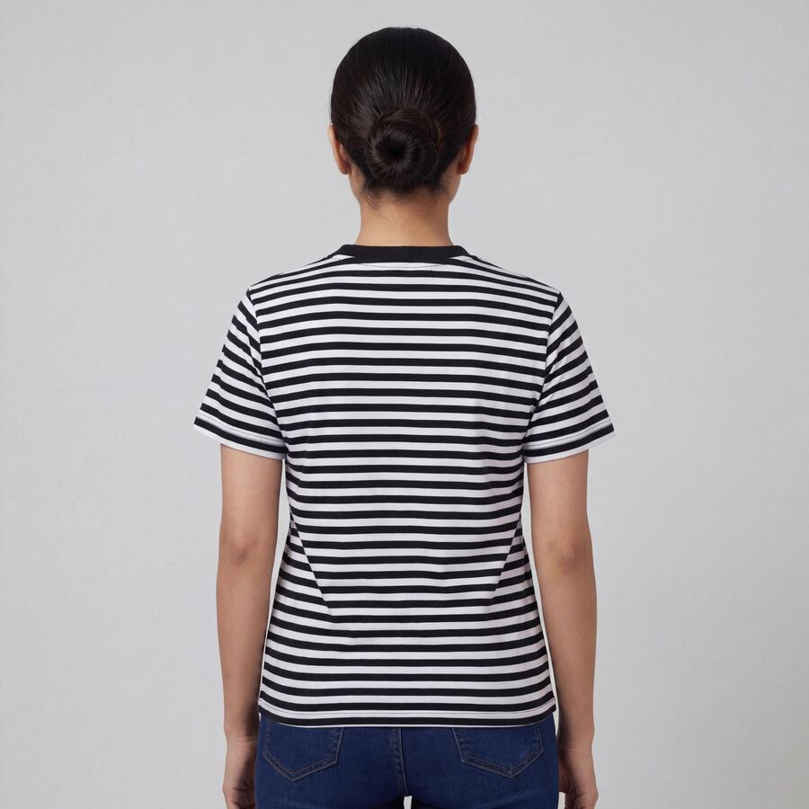 Women's Black Round Neck Casual T-Shirt, काला, large