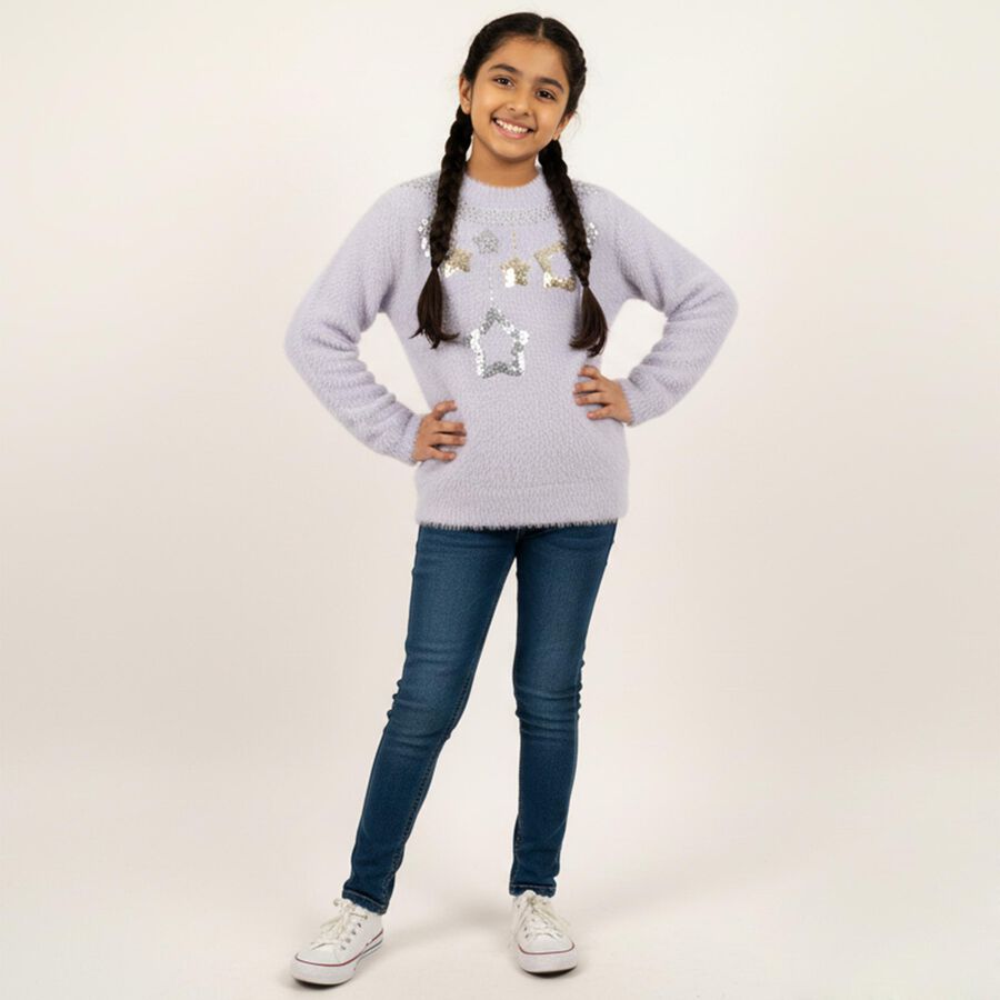 Girls' Soft Lavender Crew Neck Casual Pullover, लाइलेक, large image number null