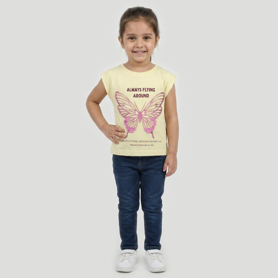 Girls Yellow Cotton Round Neck Regular T-Shirt, पीला, large