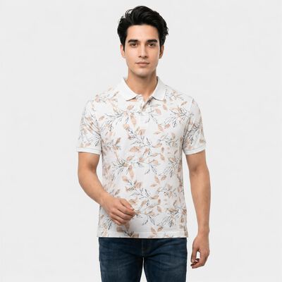 Men's White Polo Neck Printed Polo T-Shirt