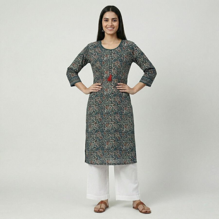 Women's Dark Green Cotton Round Neck Floral Printed Kurta, गहरा हरा, large