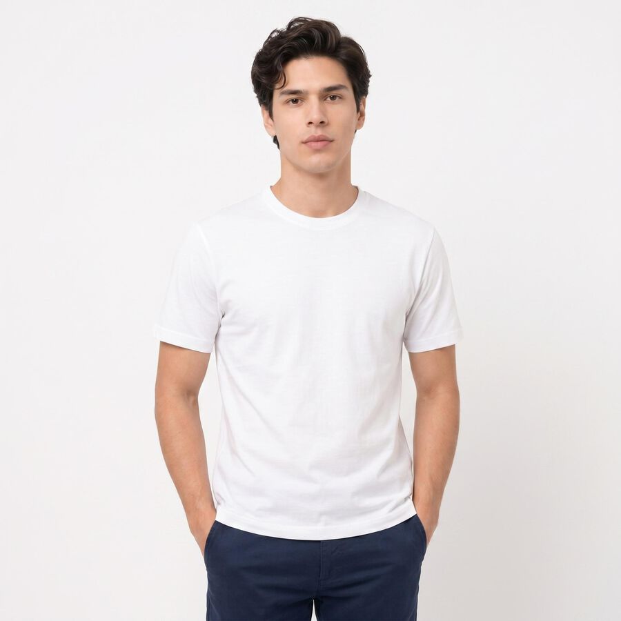 Men's White Cotton Round Neck Regular T-Shirt, White, large