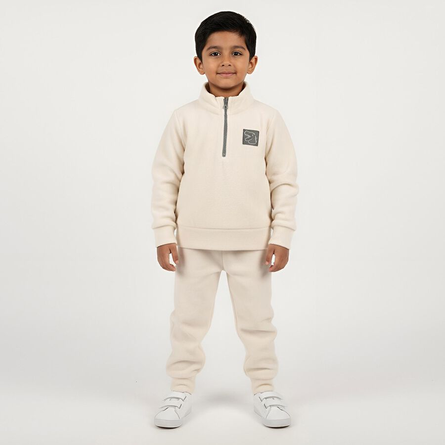 Boys' Beige Mandarin Collar Solid Baba Suit, Beige, large image number null