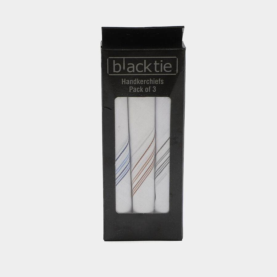 Men's White Striped Pack of 3 Handkerchief, White, large