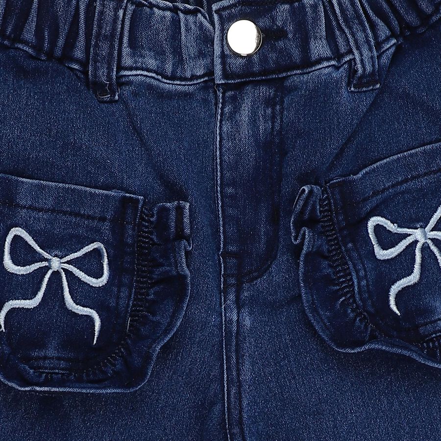 Girls' Navy Blue Wide Leg Ruffled Bow Jeans, Mid Blue, large