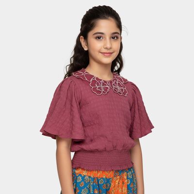 Girls Purple Round Neck Casual T-Shirt