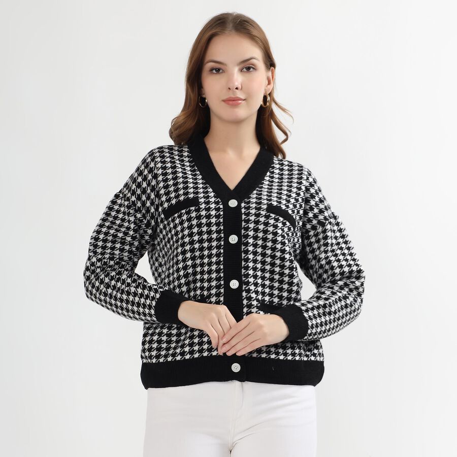 Women's Black and White V-Neck Classic Cardigan, Black, large image number null
