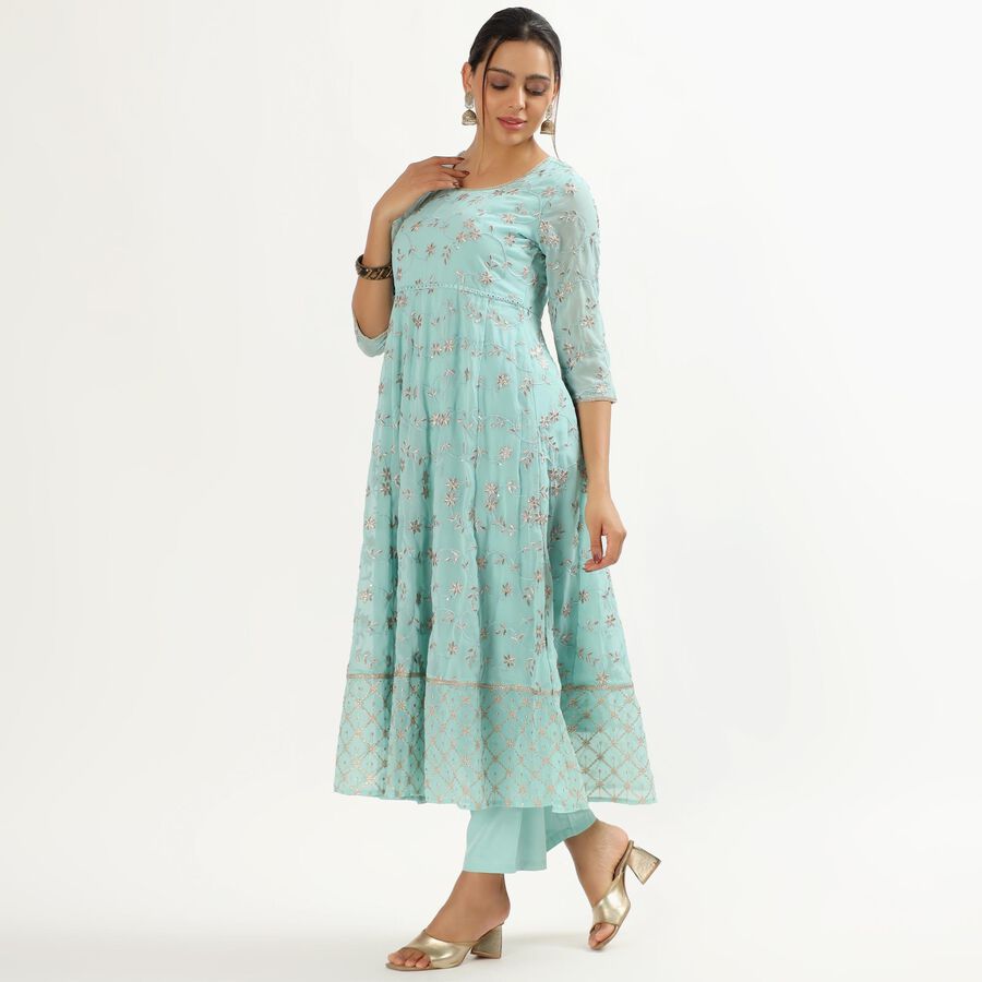 Women's Light Aqua Blue Round Neck Embroidered Kurta, हल्का नीला, large image number null