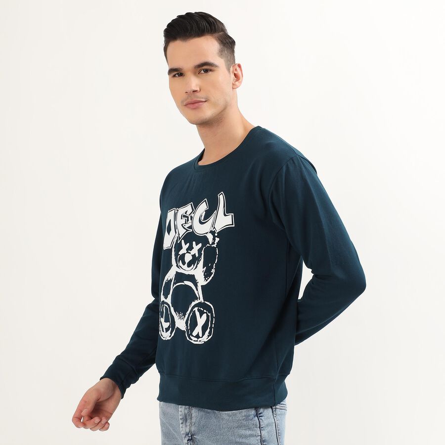 Men's Deep Navy Blue Crew Neck Graphic Sweatshirt, Teal Blue, large image number null
