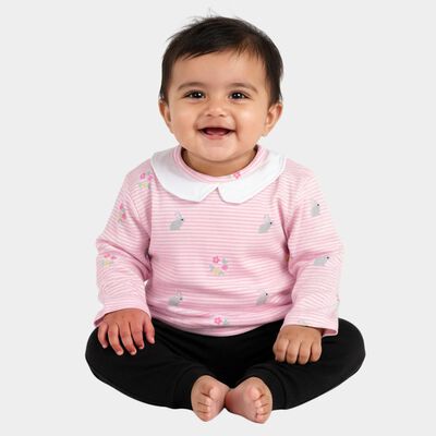 Infants Soft Baby Pink Cotton Peter Pan Collar Casual T-Shirt