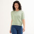Women's Light Sage Green Scalloped Neck Casual Top, हल्का हरा, small