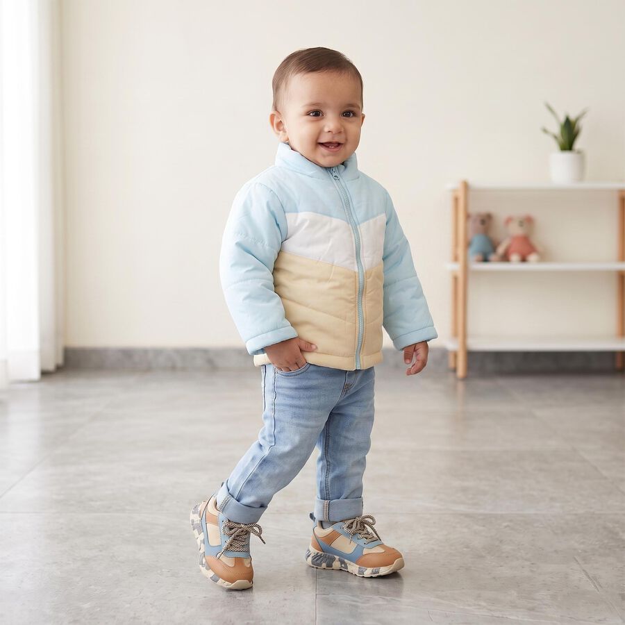 Infants Light Blue Stand Collar Puffer Jacket, हल्का नीला, large