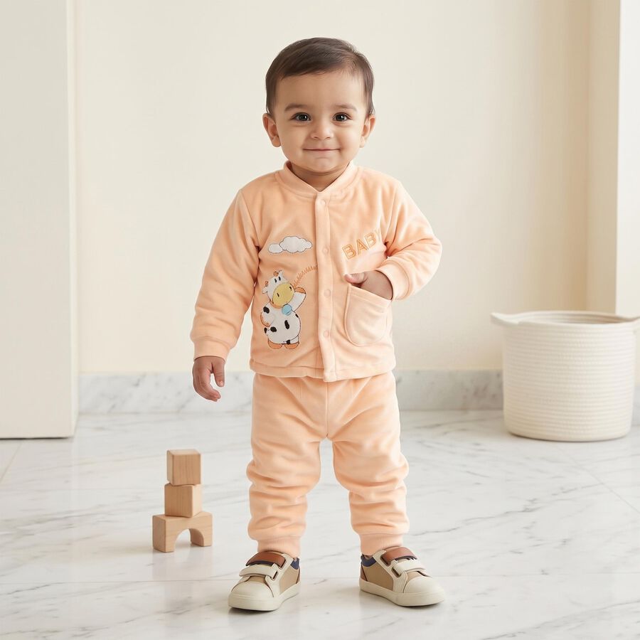 Infants' Peach Round Neck Graphic Print Baba Suit, Peach, large