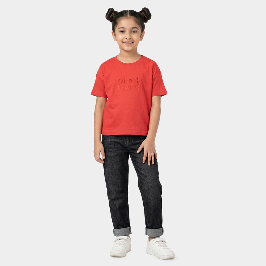 Girls Red Round Neck Casual T-Shirt, Red, large