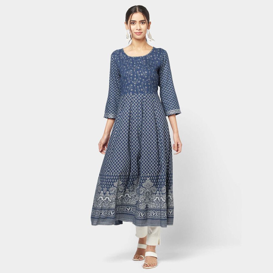 3/4Th Sleeves Flared Kurta, Navy Blue, large image number null
