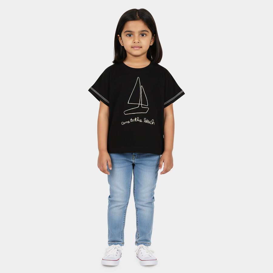 Girls Black Cotton Round Neck Casual T-Shirt, Black, large