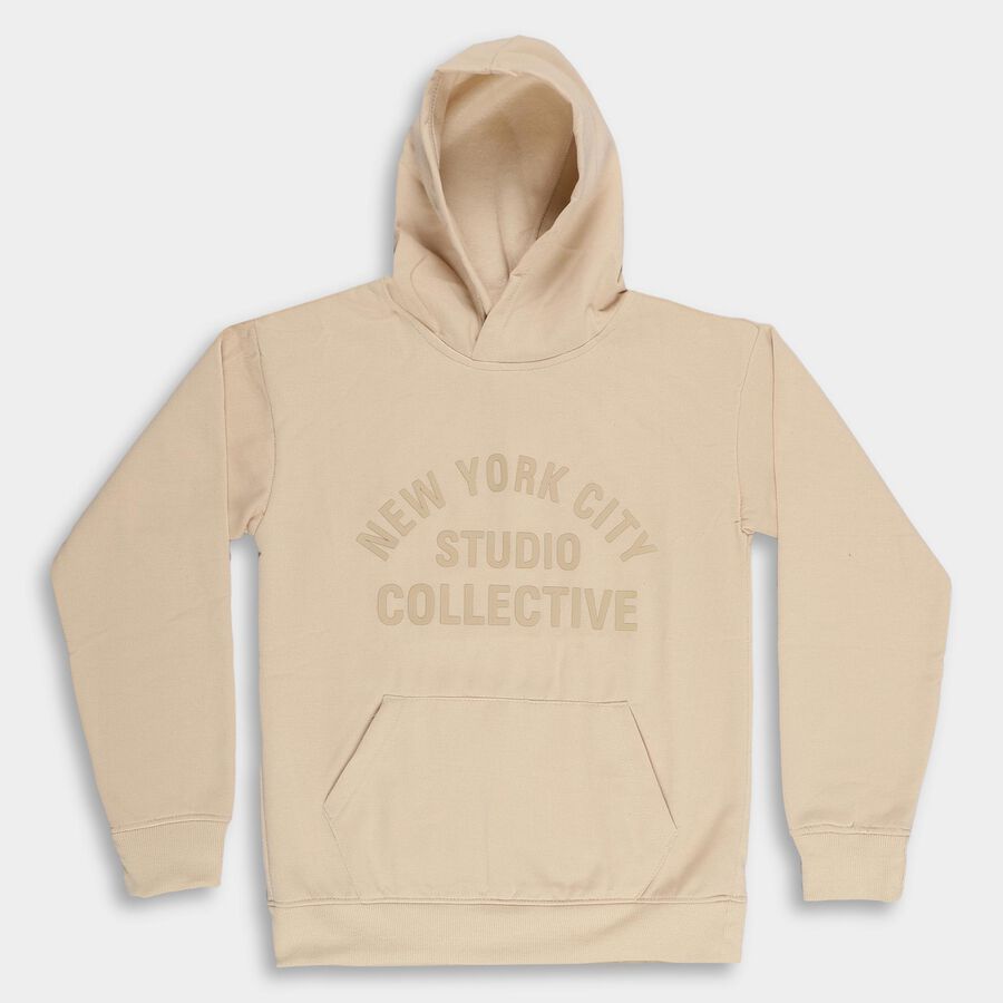 Boys Light Beige Hooded Neck Printed Sweatshirt, गहरा पीला, large image number null