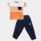 Boys' Brown 100% Cotton Round Neck Striped Baba Suit, Brown, small