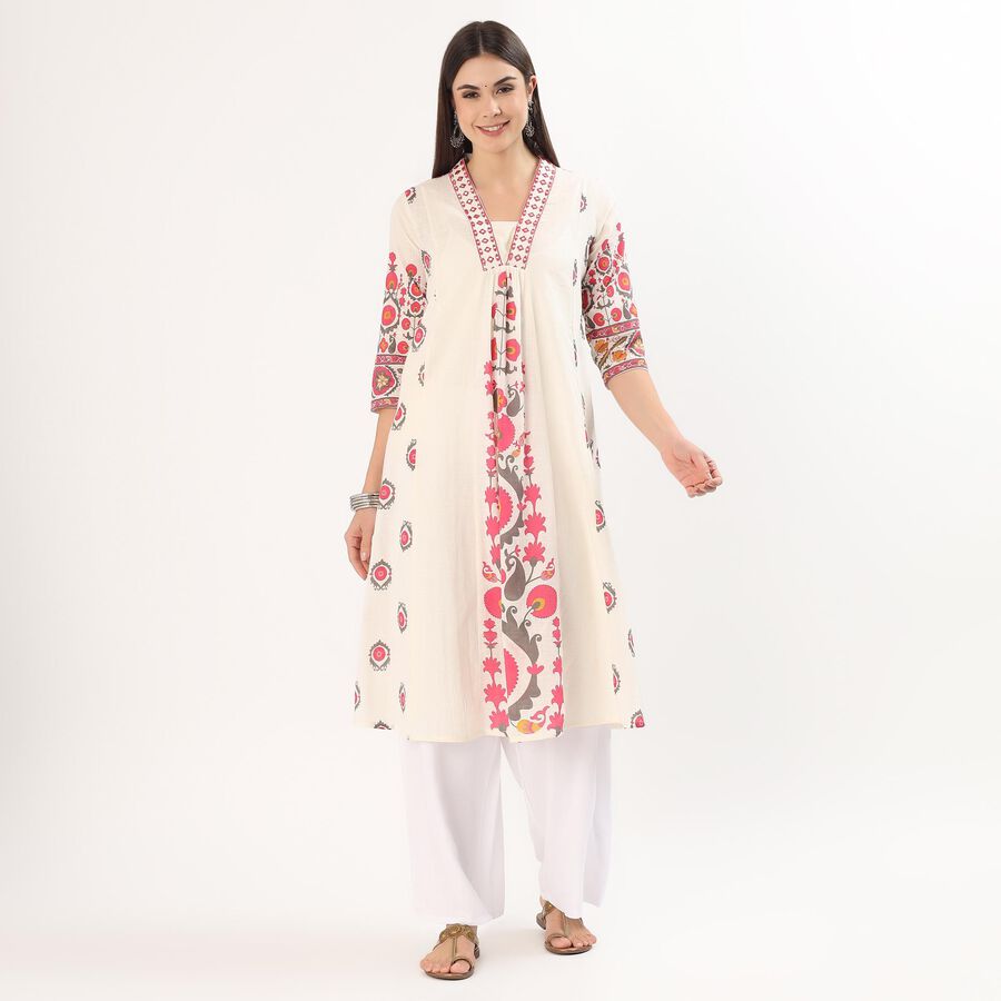 Women's White Cotton Round Neck Straight Kurta, Off White, large