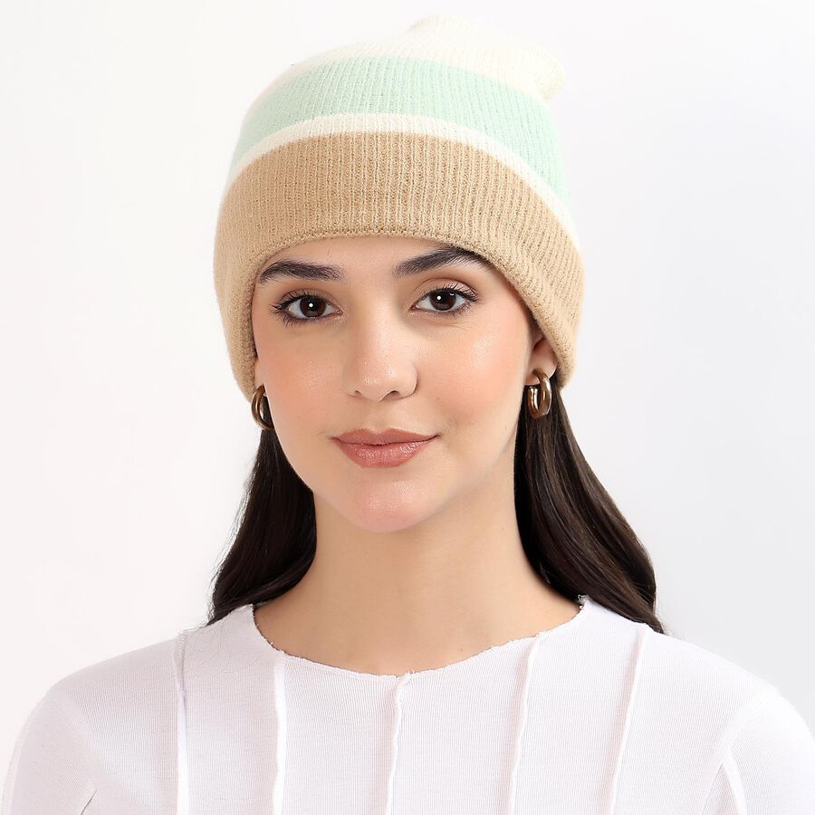 Women's Muted Pastel Green and Beige Color-Blocked Beanie Cap, हल्का हरा, large image number null