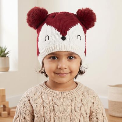 Girls' Maroon Fox Motif Beanie Cap