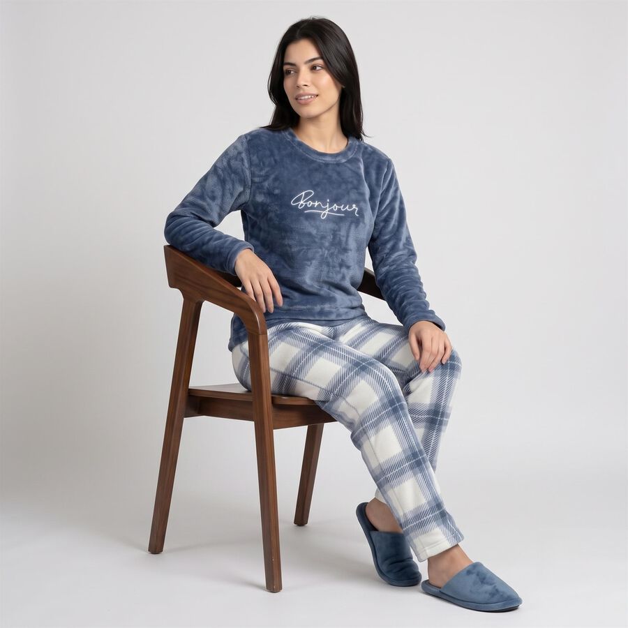 Women's Blue Straight Fit Checked Pyjama, Mid Blue, large