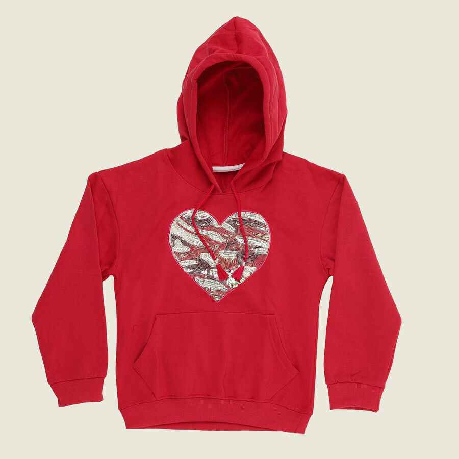 Girls Bright Cherry Red Hoodie Neck Casual Sweatshirt, Fuchsia, large image number null