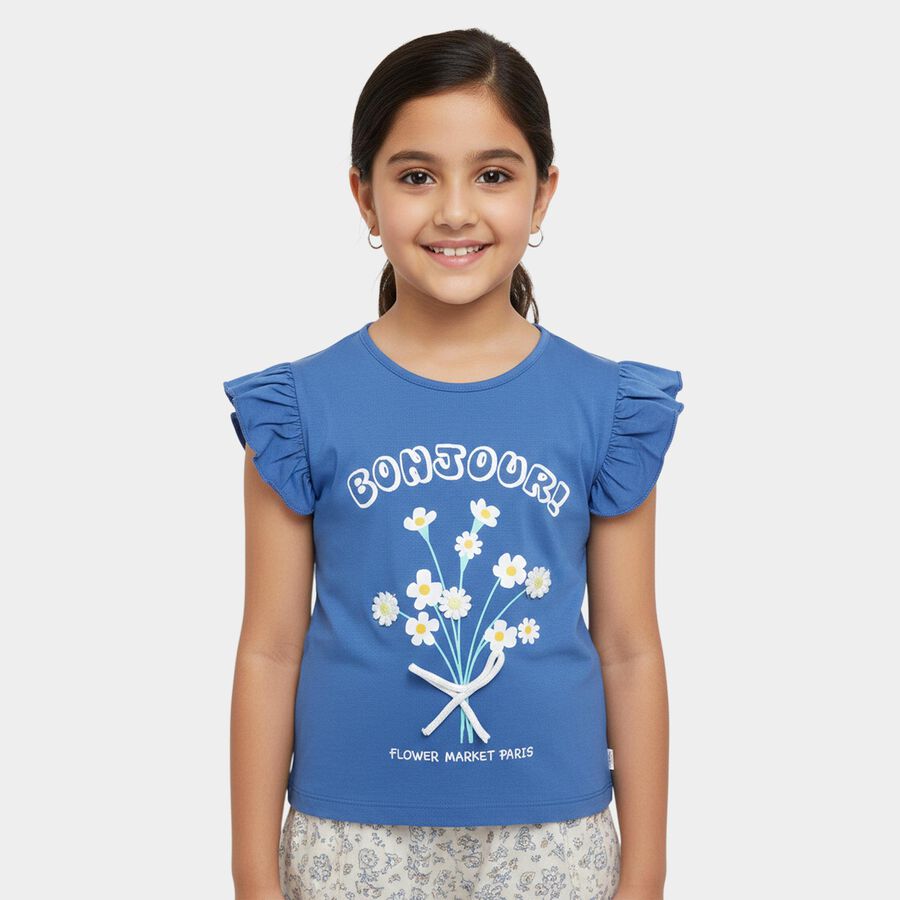 Girls' Navy Blue Cotton Round Neck Casual Graphic Print T-Shirt, गहरा नीला, large