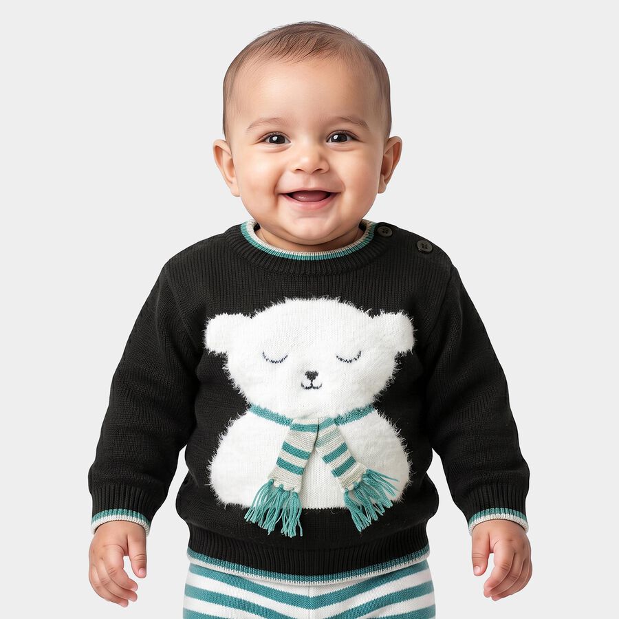Infants' Black Crew Neck Long Sleeve Pullover, काला, large