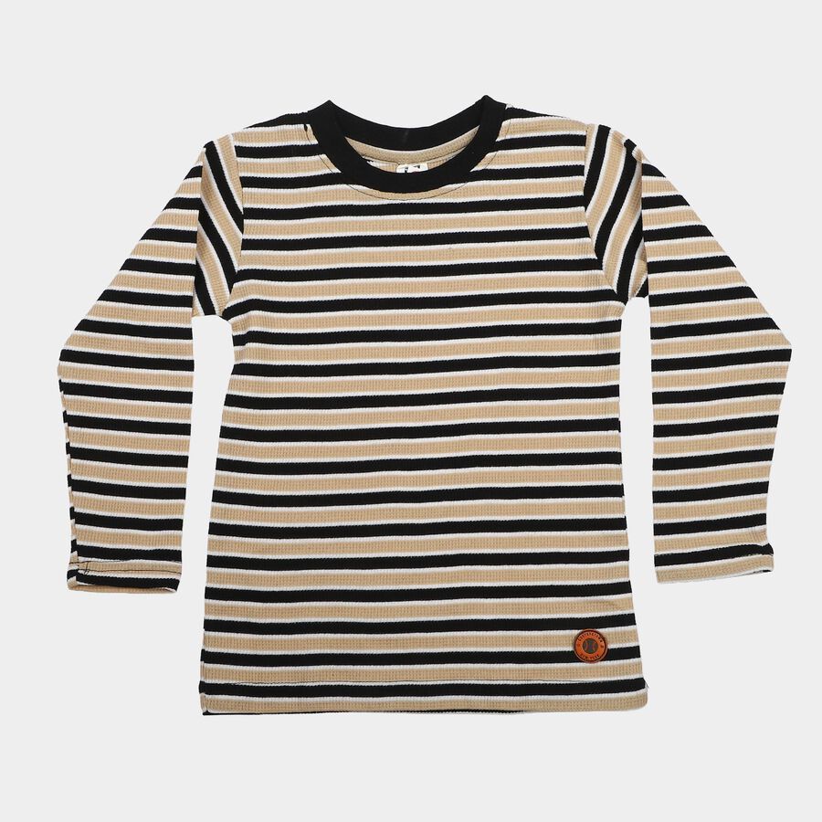 Boys Beige Cotton Blend Round Neck Regular T-Shirt, गहरा पीला, large