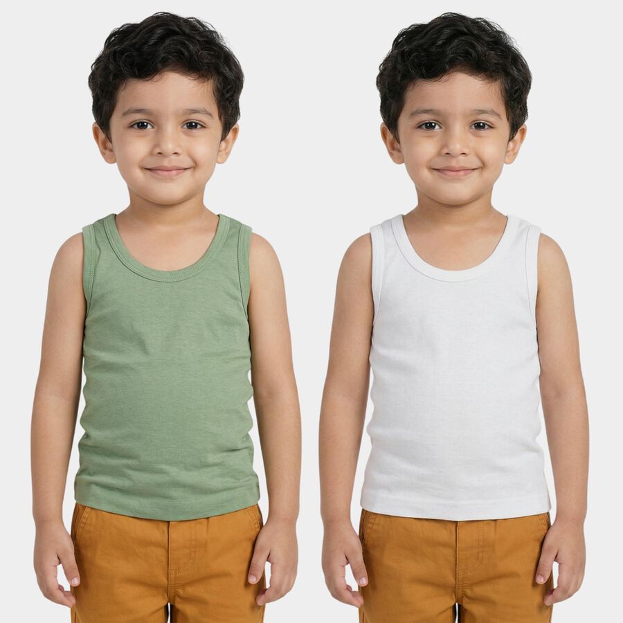 Boys Green Cotton Round Neck Sleeveless Vest, Light Green, large