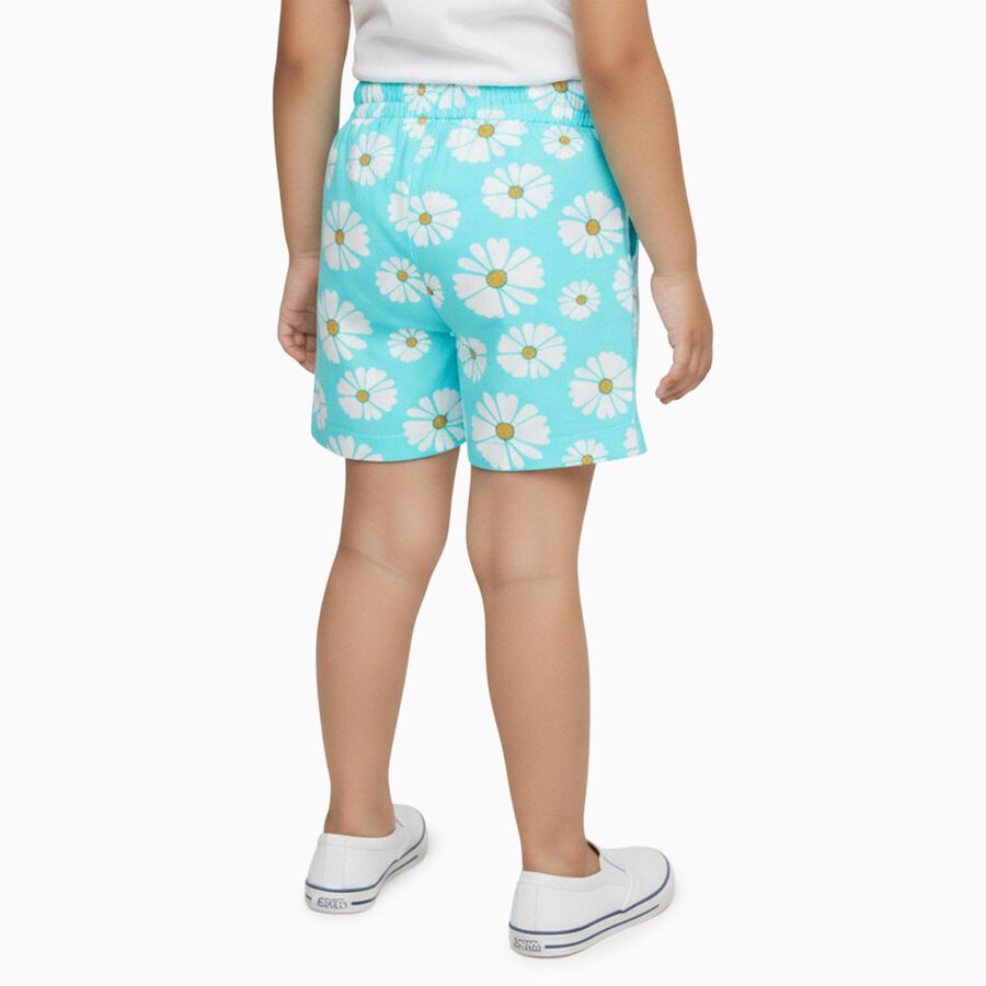 Girls' Bright Aqua Daisy Print Cotton Blend Shorts, एक्वा, large