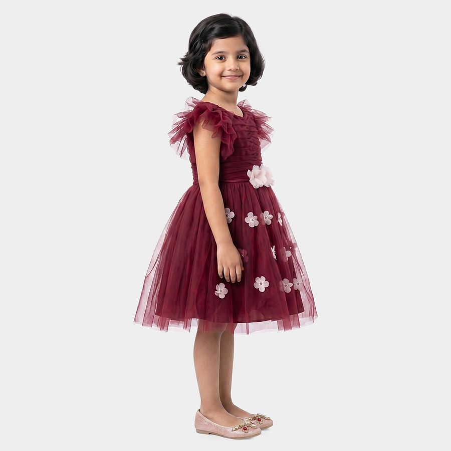Girls' Wine Fit and Flare Floral Applique Party Wear Frock, वाइन, large