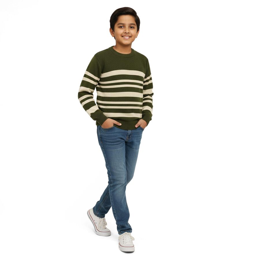 Boys Olive Green Crew Neck Striped Pullover, ओलिव, large image number null