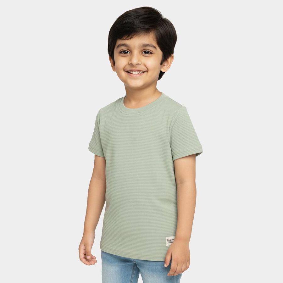 Boys Light Sage Green Crew Neck Casual T-Shirt, हल्का हरा, large image number null
