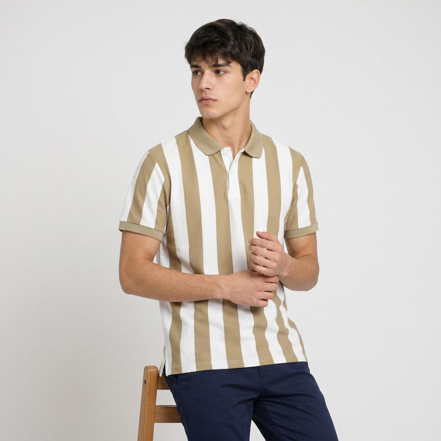 Men's Beige Polo Neck Striped T-Shirt, Beige, large