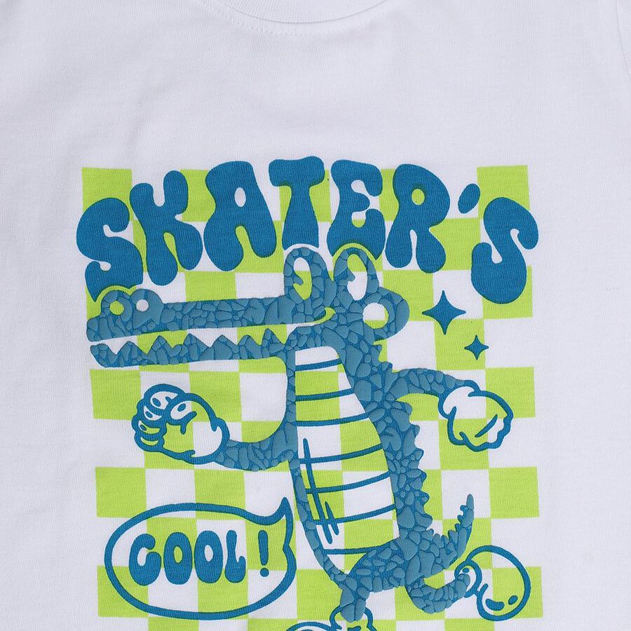 Boys White 100% Cotton Round Neck Skater's Club Graphic Printed Baba Suit, White, large