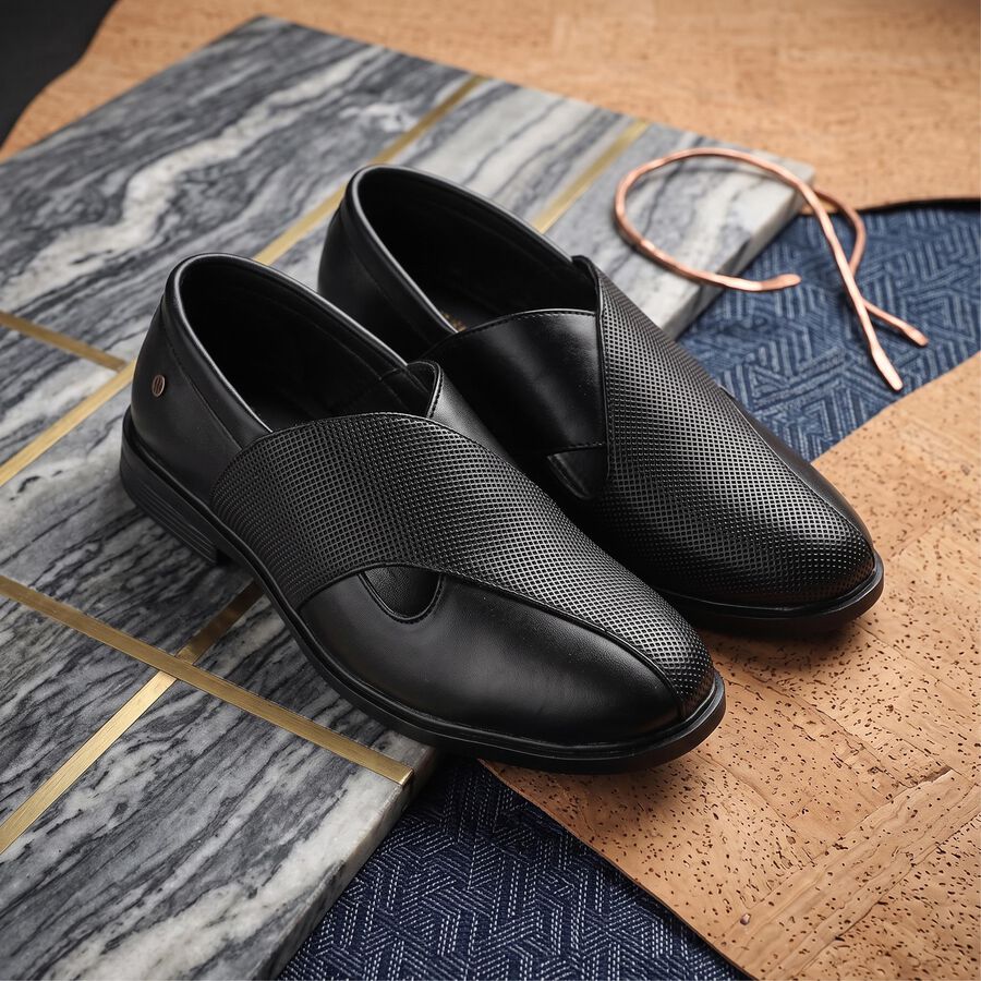 Men's Black Slip-On Strappy Sandals, काला, large