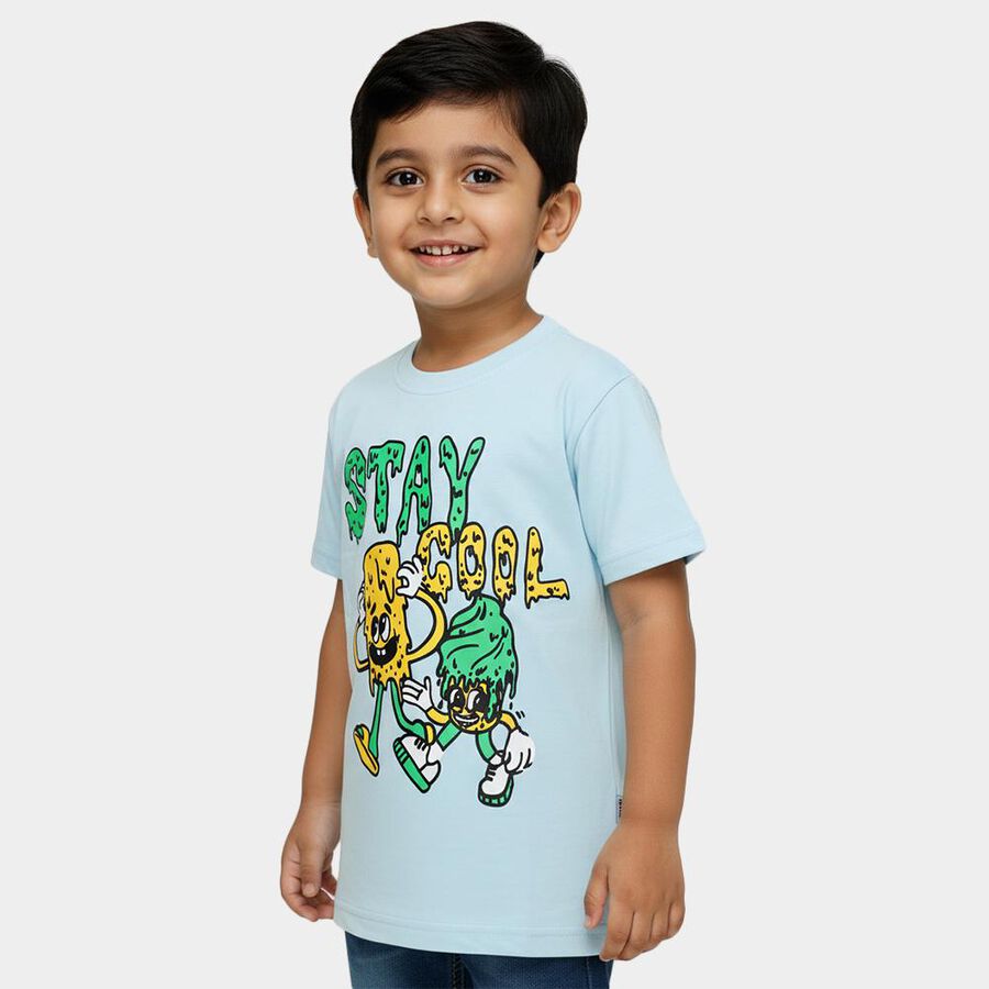 Boys' Light Blue Cotton Round Neck Cartoon Printed T-Shirt, Light Blue, large