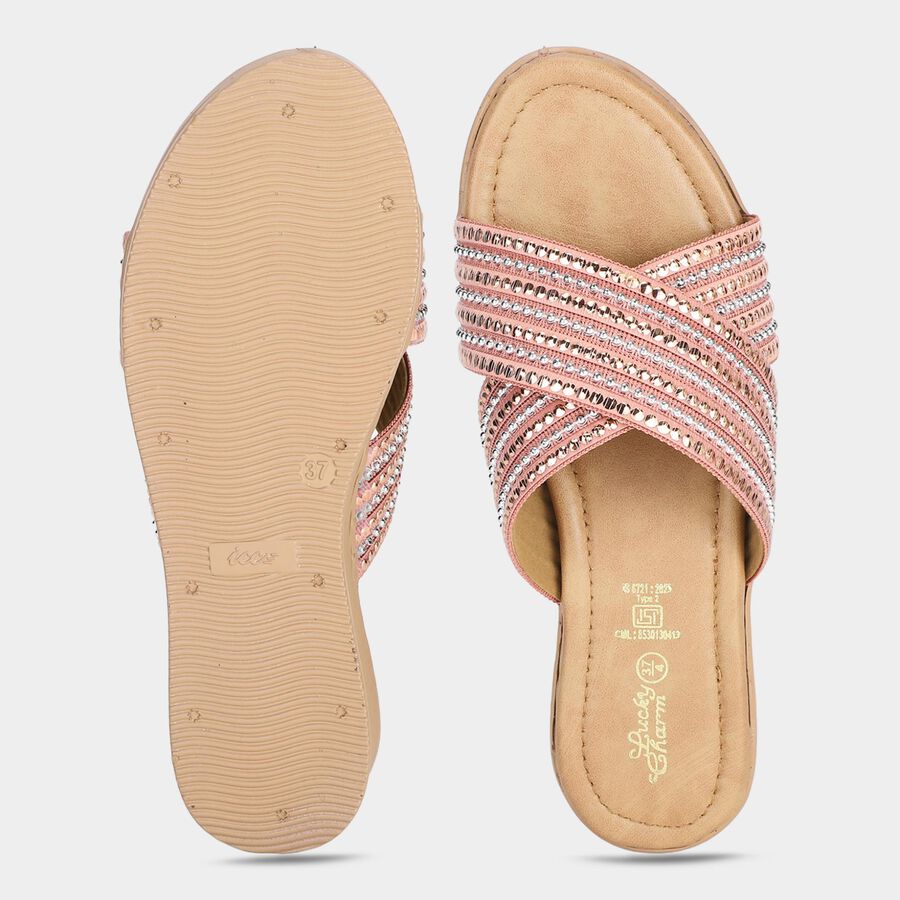 Women's Pink Embellished Slip-On Slide Sandals, Pink, large