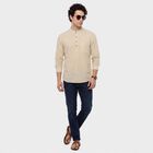 Men's Beige Mandarin Collar Striped Straight Kurta, Beige, small